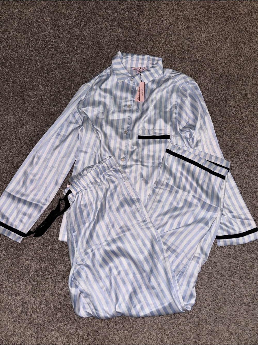 Victoria's Secret Light Blue & White Striped Satin Button-Up Top